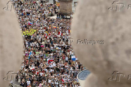Pope Leo XIV leads the Angelus prayer at Vatican