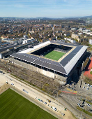 A drone view shows the Stadion Wankdorf ahead of UEFA Women's Euro 2025 in Bern