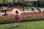 A woman poses next to blooming flowers in Victoria Embankment Gardens, London