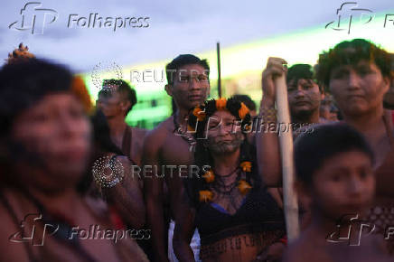 Munduruku and Guarani-Kaiowa Indigenous people participate in a protest in front of the Supreme Court