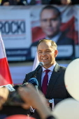 Polish presidential candidate Karol Nawrocki campaigns in Domostawa