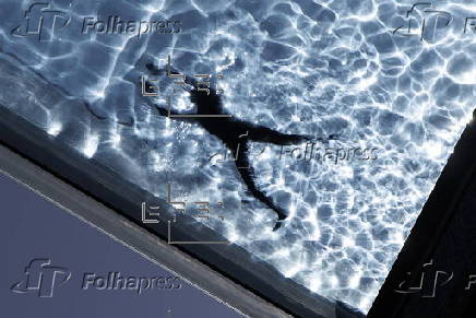 People swim in the Sky Pool during hot weather in London