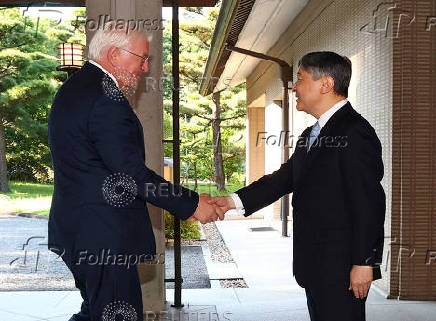 Japanese Emperor Naruhito greets German President Frank-Walter Steinmeier at the Imperial Palace in Tokyo