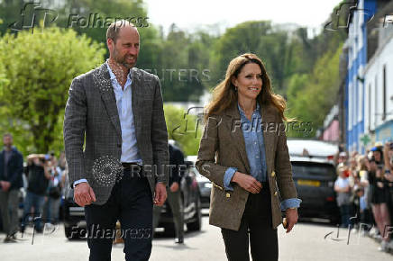Britain's Prince William, Prince of Wales and Britain's Catherine, Princess of Wales arrive to visit to Aros Hall community hub in Tobermory