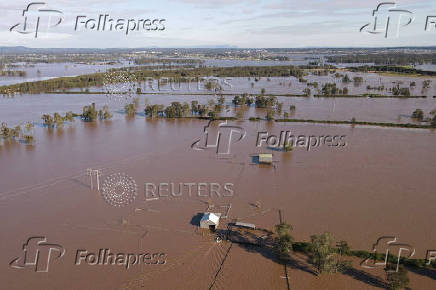 A drone view shows a flooded area in Heatherbrae