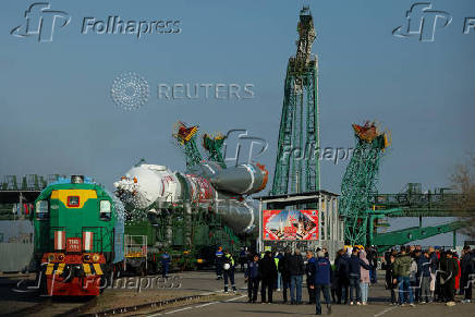 The Soyuz MS-27 spacecraft is rolled out to the launch pad ahead of the next crew launch to the International Space Station at Baikonur Cosmodrome