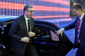 Serbian President Aleksandar Vucic arrives for a meeting with Russian President Vladimir Putin at the Kremlin