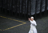 Pope Leo XIV leads Regina Caeli prayer from the Central Loggia of St. Peter's Basilica