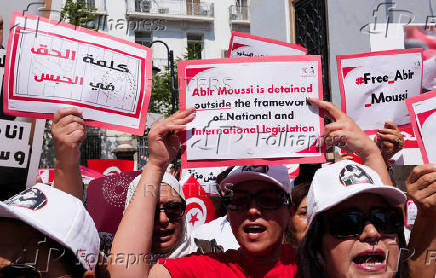 Supporters of the Free Constitutional Party gather on National Women's Day demanding the release of the party's detained leader, Abir Moussi, in Tunis