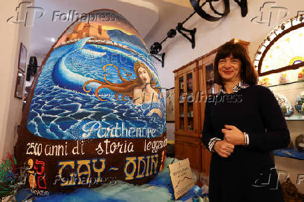 A giant Easter egg is seen in showroom of chocolate factory Gay Odin in Naples