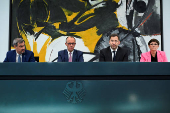 Merz, Klingbeil and Soeder attend a press conference at the chancellery in Berlin