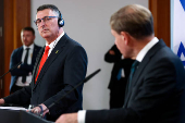 German Foreign Minister Johann Wadephul and Israeli Foreign Minister Gideon Saar attend a press conference in Berlin