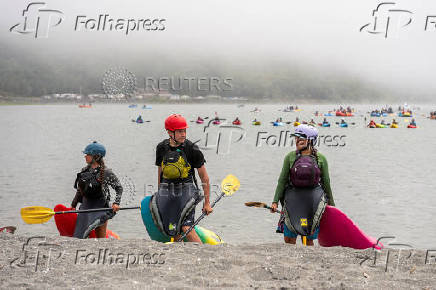 Indigenous youth kayakers paddle down the Klamath river