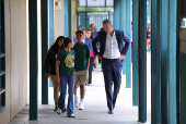 California Governor Newsom speaks at the Clinton Elementary School, in Compton