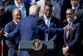 US President Donald Trump greets the 2025 Super Bowl champion Philadelphia Eagles