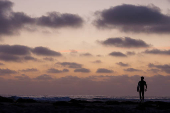 Surfer leaves the oceen after sunet in California