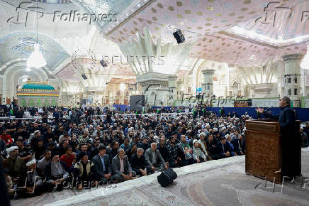 Iranian President Masoud Pezeshkian speaks during the 36th anniversary of the death of the leader of Iran's 1979 Islamic Revolution, Ayatollah Ruhollah Khomeini, at Khomeini's shrine in southern Tehran