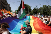 Pro-Palestinian protesters attend a demonstration calling for an end to the bombing in Gaza, in Rome