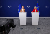 EU's Ursula von der Leyen and Kaja Kallas hold a press point on 18th package of sanctions against Russia