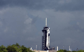 A Falcon 9 irocket stands at Launch Complex 39-A after the Axiom-4 crewed mission to the International Space Station was delayed by technical issues