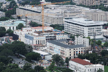 An aerial view shows construction work on the U.S. Federal Reserve building campus in Washington