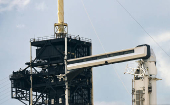 A Falcon 9 rocket stands at the pad before its upcoming launch of the Axiom-4 crewed mission to the International Space Station