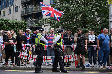 Anti-immigration protest outside the Britannia International Hotel, in Canary Wharf