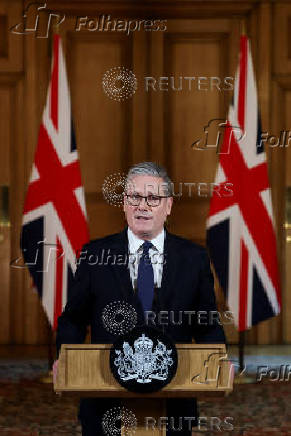 Britain's PM Starmer delivers statement inside No. 10 Downing Street, in London