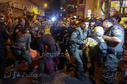 Demonstrators protest outside Likud Party headquarters calling for the release of all hostages as Israel marks 600 days since they were kidnapped, in Tel Aviv