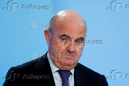 European Central Bank (ECB) Vice-President Luis de Guindos looks on during an address to the media  in Frankfurt