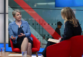 Britain's Home Secretary Yvette Cooper appears on BBC's Sunday with Laura Kuenssberg in London