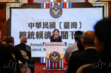 Taiwan President Lai Ching-te delivers a speech on the anniversary of the end of World War Two in Europe in Taipei