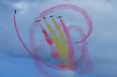 The Spanish Air Force aerobatic group Patrulla Aguila (Eagle Patrol) fly during training ahead of Armed Forces Day
