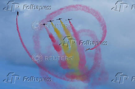 The Spanish Air Force aerobatic group Patrulla Aguila (Eagle Patrol) fly during training ahead of Armed Forces Day