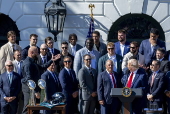 US President Donald Trump greets the 2025 Super Bowl champion Philadelphia Eagles
