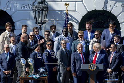 US President Donald Trump greets the 2025 Super Bowl champion Philadelphia Eagles