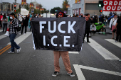 Protesters gather around the Los Angeles Federal Building after multiple detentions by ICE, in Los Angeles