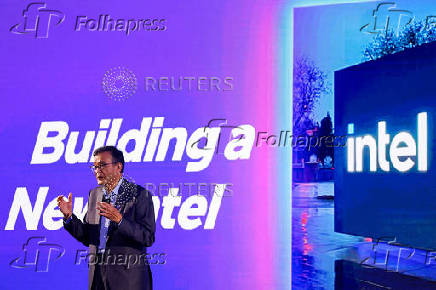 FILE PHOTO: Intel CEO Lip-Bu Tan makes a speech on stage in Taipei