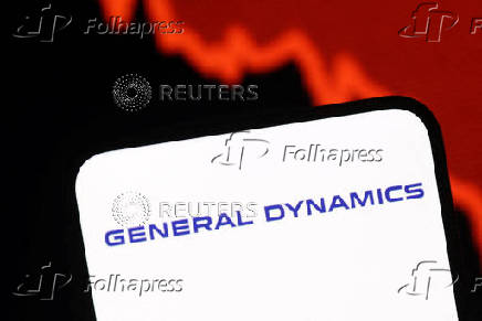 Illustration shows General Dynamics logo and decreasing stock graph
