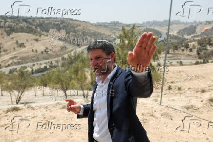 Israeli Finance Minister Smotrich speaks at a press conference regarding settlements expansion, near the Israeli settlement of Maale Adumim