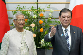 Chief adviser of Bangladesh's interim government Muhammad Yunus and Japan's Prime Minister Shigeru Ishiba meet prior to their talks at the prime minister's office in Tokyo