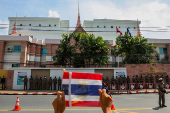 Royalist activists protest in front of the Royal Embassy of Cambodia, following a recent clash at the Thailand-Cambodia border on May 28, 2025, in Bangkok