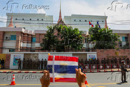Royalist activists protest in front of the Royal Embassy of Cambodia, following a recent clash at the Thailand-Cambodia border on May 28, 2025, in Bangkok