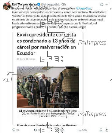 Evo Morales se solidariza con el exvicepresidente de Ecuador 