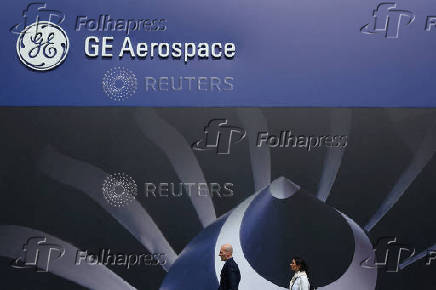 FILE PHOTO: GE Aerospace branding at Farnborough International Airshow, in Farnborough