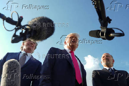 U.S. President Donald Trump speaks with the media at Joint Base Andrews