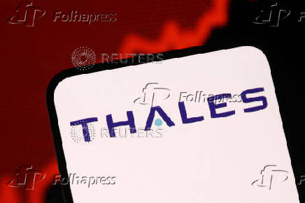 Illustration shows Thales logo and rising stock graph