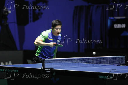Luca Kumahara durante partida contra o tênista Allan Sarmento válida pelo Circuito Internacional de tênis de mesa WTT Star Contender em Foz do  Iguaçu (PR)