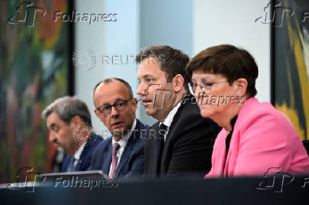 Merz, Klingbeil and Soeder attend a press conference at the chancellery in Berlin