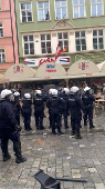 Police stands guard during clashes between Chelsea FC and Real Betis soccer fans, ahead of  Conference League final in Wroclaw